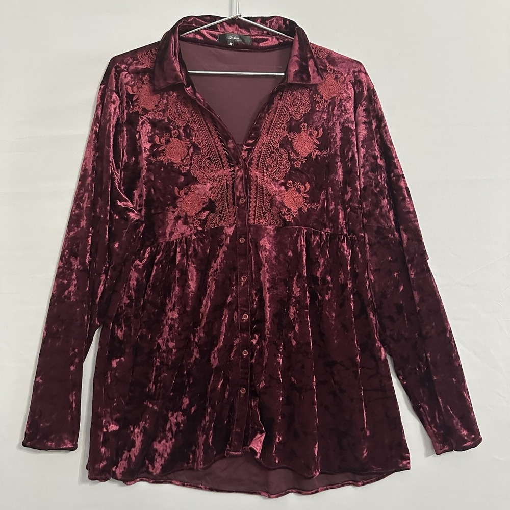 Andree By Unit Crushed Velvet‎ Button Up Top Tunic Maroon Embroidered Women's 1X